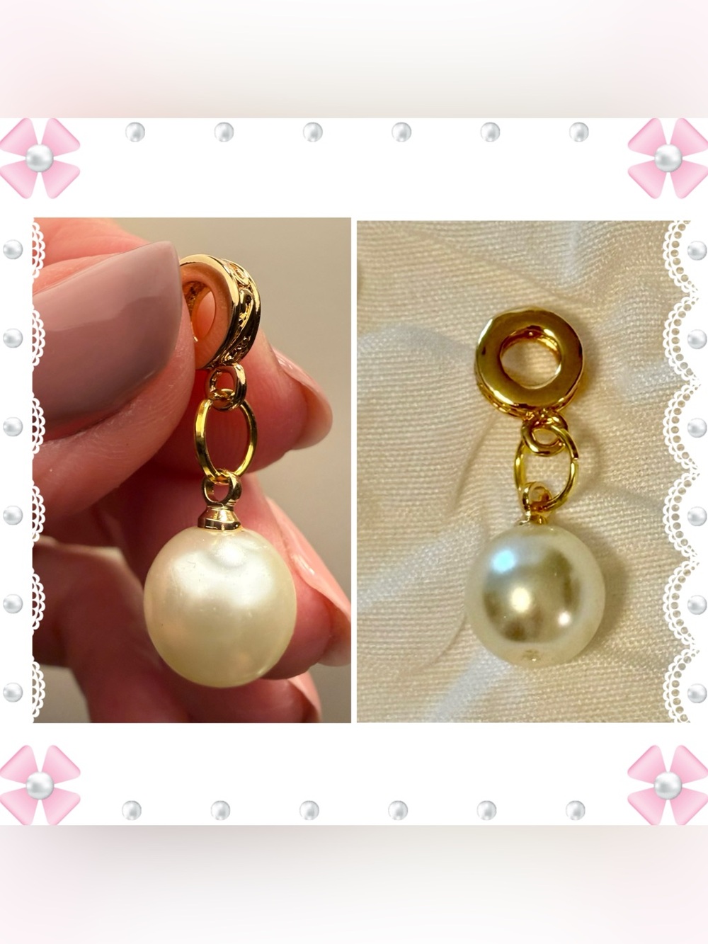 Charm / pendant - round faux pearl - gold tone - New!  Never worn.